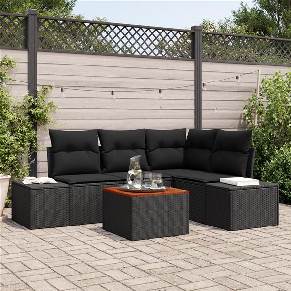Grote foto vidaxl 5 delige tuinset met kussens in zwart poly rattan en acacia tuin en terras tuinmeubelen