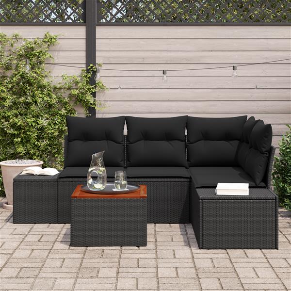 Grote foto vidaxl 5 delige tuinset met kussens in zwart poly rattan en acacia tuin en terras tuinmeubelen