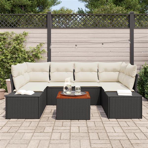 Grote foto vidaxl 7 delige tuinbankenset met kussens poly rattan acaciahout zwart tuin en terras tuinmeubelen