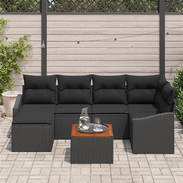 Grote foto vidaxl 7 delige tuinbankenset met kussens poly rattan acaciahout zwart tuin en terras tuinmeubelen