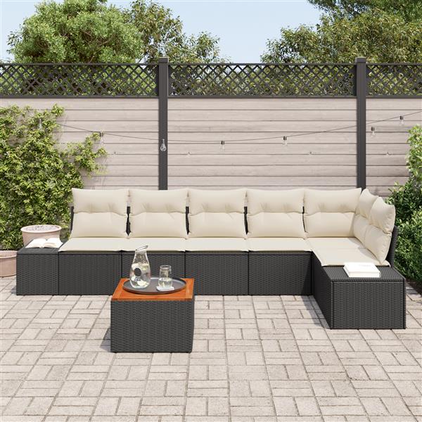 Grote foto vidaxl 7 delige tuinbankenset met kussens poly rattan acaciahout zwart tuin en terras tuinmeubelen
