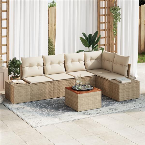 Grote foto vidaxl 6 delige tuinbankenset met kussens poly rattan acaciahout beige tuin en terras tuinmeubelen