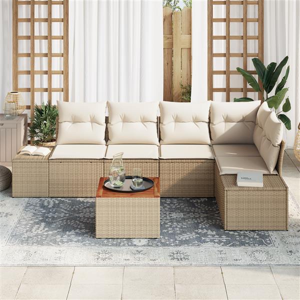 Grote foto vidaxl 6 delige tuinbankenset met kussens poly rattan acaciahout beige tuin en terras tuinmeubelen