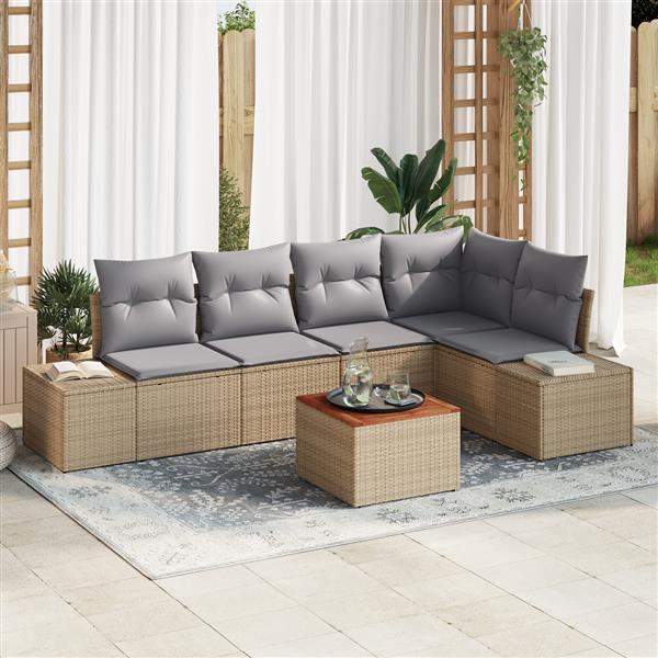 Grote foto vidaxl 6 delige tuinbankenset met kussens poly rattan acaciahout beige tuin en terras tuinmeubelen