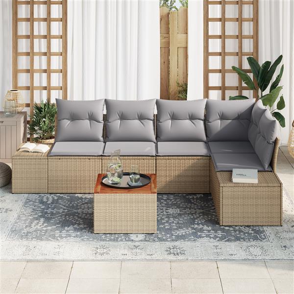 Grote foto vidaxl 6 delige tuinbankenset met kussens poly rattan acaciahout beige tuin en terras tuinmeubelen