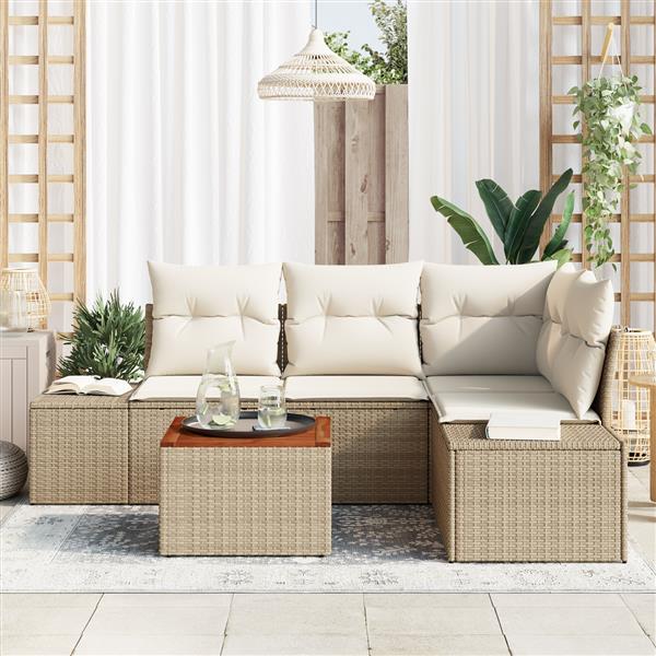 Grote foto vidaxl 5 delige tuin sofa set met kussens in beige poly rattan en acaciahout tuin en terras tuinmeubelen