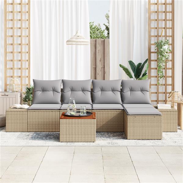 Grote foto vidaxl 6 delige tuinbankenset met kussens poly rattan acaciahout beige tuin en terras tuinmeubelen