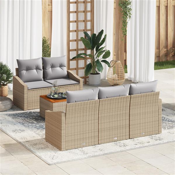 Grote foto vidaxl 6 delige tuinset met kussens in beige van poly rattan en acacia tuin en terras tuinmeubelen