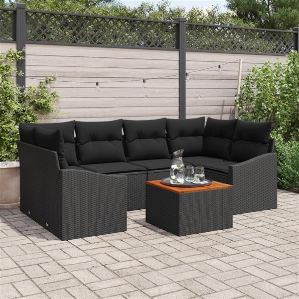 Grote foto vidaxl 7 delige tuinbankset met kussens zwart poly rattan acacia tuin en terras tuinmeubelen