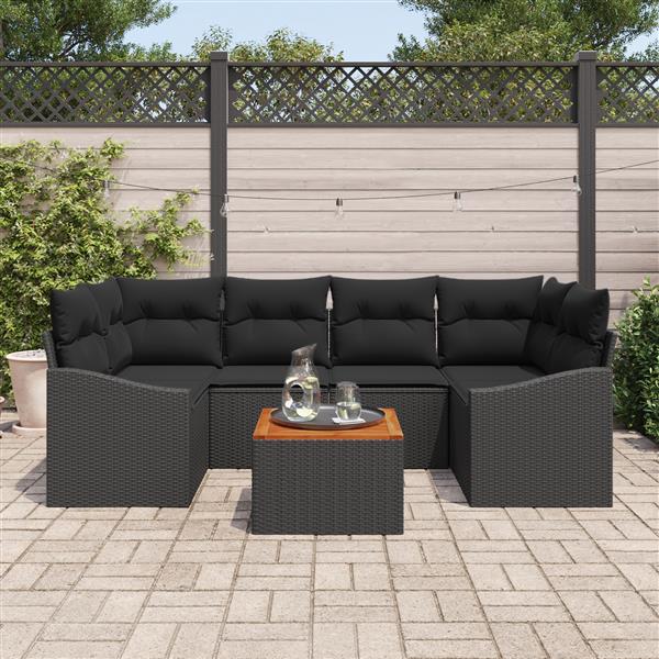 Grote foto vidaxl 7 delige tuinbankset met kussens zwart poly rattan acacia tuin en terras tuinmeubelen