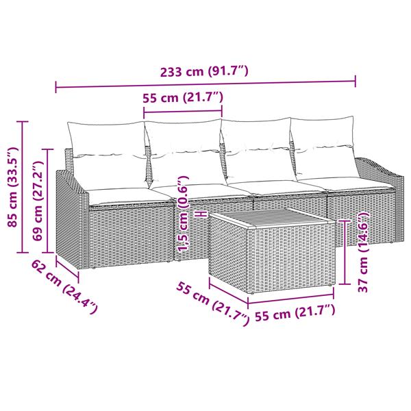 Grote foto vidaxl 5 delige tuinset met kussens zwart poly rattan acaciahout tuin en terras tuinmeubelen