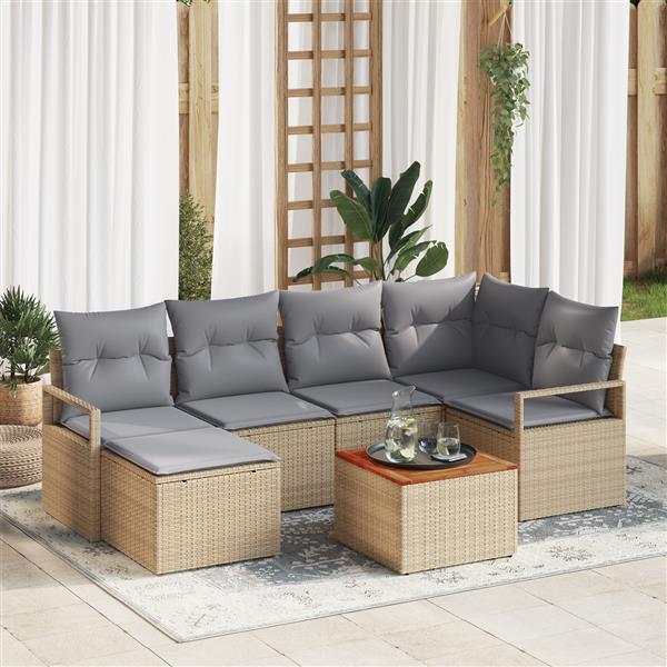 Grote foto vidaxl 7 delige tuin sofa set met kussens beige poly rattan en acacia tuin en terras tuinmeubelen