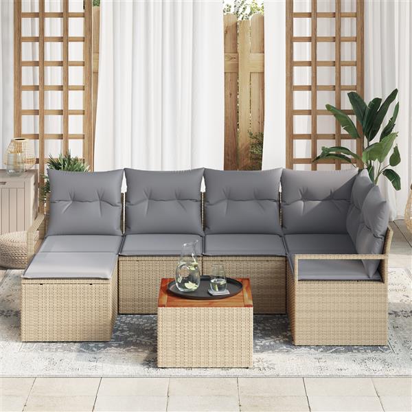 Grote foto vidaxl 7 delige tuin sofa set met kussens beige poly rattan en acacia tuin en terras tuinmeubelen