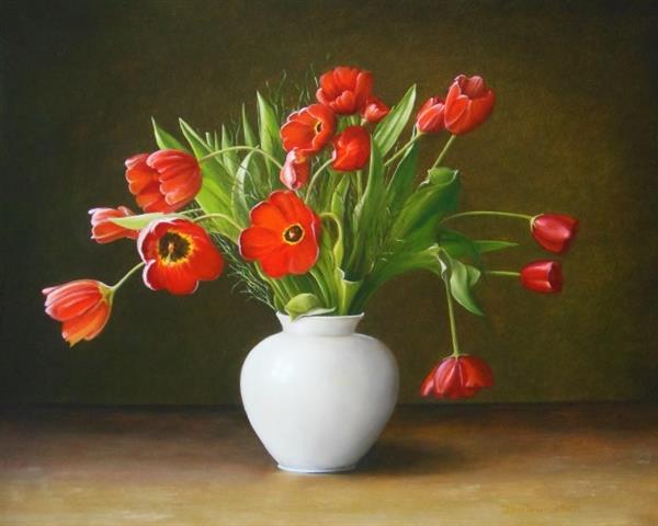Grote foto kunsthandel gennep rode tulpen in witte vaas antiek en kunst modern