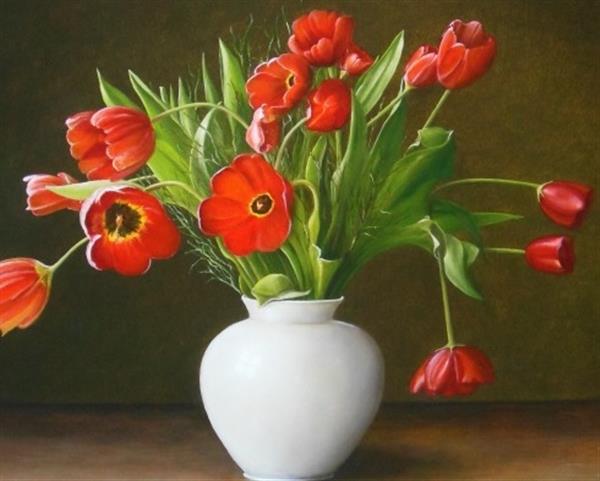 Grote foto kunsthandel gennep rode tulpen in witte vaas antiek en kunst modern