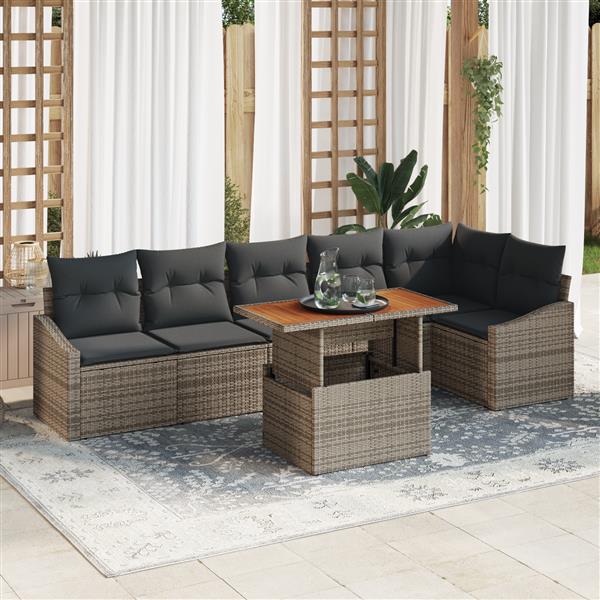Grote foto vidaxl 7 delige tuinset met kussens grijs poly rattan acacia tuin en terras tuinmeubelen