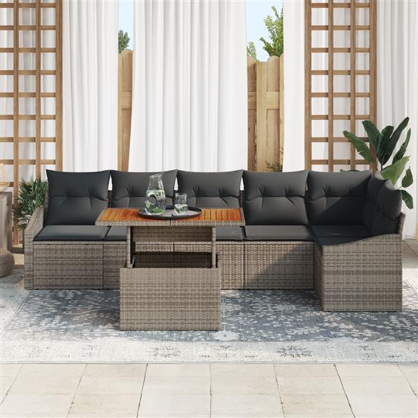 Grote foto vidaxl 7 delige tuinset met kussens grijs poly rattan acacia tuin en terras tuinmeubelen