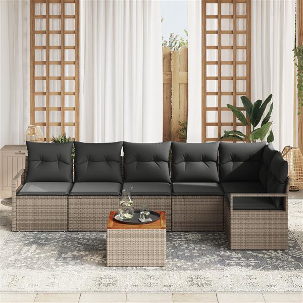Grote foto vidaxl 7 delige tuinbankset met kussens grijs poly rattan acacia tuin en terras tuinmeubelen
