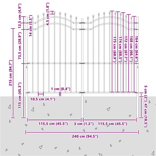 Grote foto vidaxl tuin hek grijs 215 cm poedergecoat staal tuin en terras hekken en schuttingen