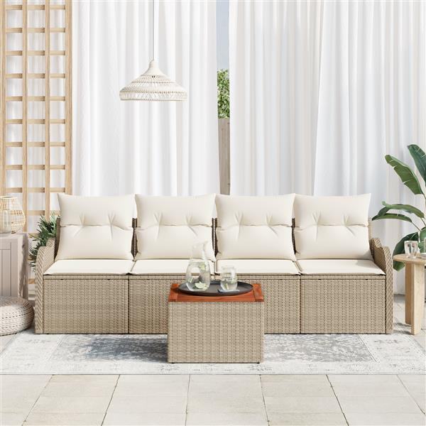 Grote foto vidaxl 5 delige tuinsofa set met kussens in beige van poly rattan en acacia tuin en terras tuinmeubelen