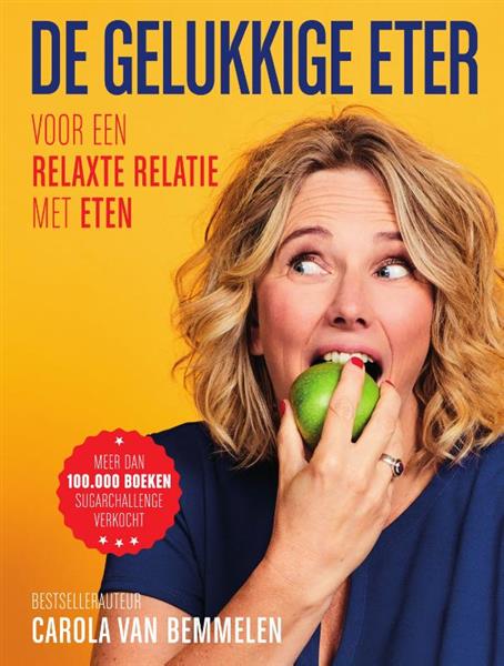 Grote foto de gelukkige eter boeken gezondheid en voeding