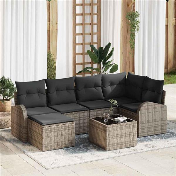 Grote foto vidaxl tuin sofa set met kussen 7 pcs grijs poly riet tuin en terras tuinmeubelen