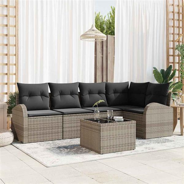 Grote foto vidaxl tuin sofa set met kussen 6 pcs grijs poly riet tuin en terras tuinmeubelen