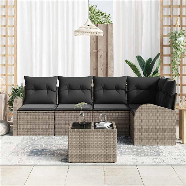 Grote foto vidaxl tuin sofa set met kussen 6 pcs grijs poly riet tuin en terras tuinmeubelen