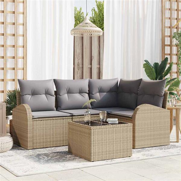 Grote foto vidaxl tuin sofa set met kussen 5 pcs beige lichtgrijs poly riet tuin en terras tuinmeubelen