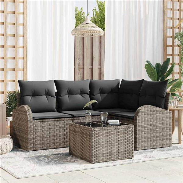 Grote foto vidaxl tuin sofa set met kussen 5 pcs grijs poly riet tuin en terras tuinmeubelen