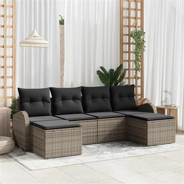 Grote foto vidaxl tuin sofa set met kussen 6 pcs grijs poly riet tuin en terras tuinmeubelen