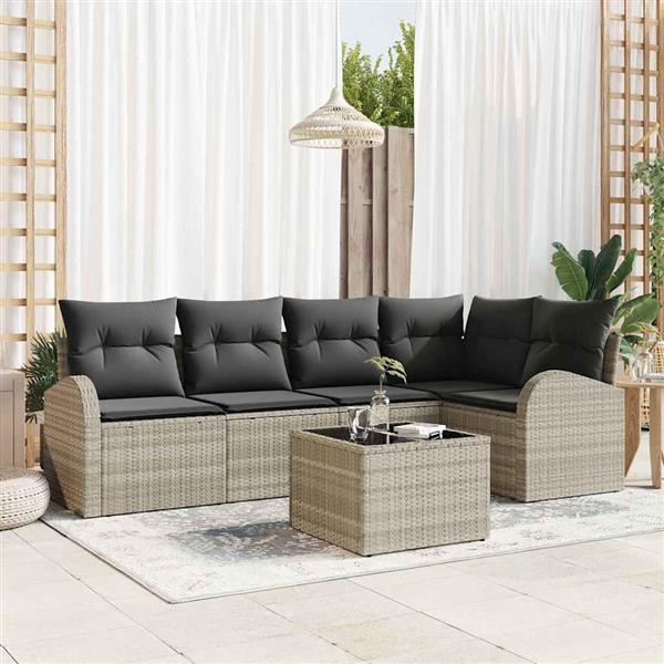 Grote foto vidaxl tuin sofa set met kussen 6 pcs lichtgrijs poly riet tuin en terras tuinmeubelen