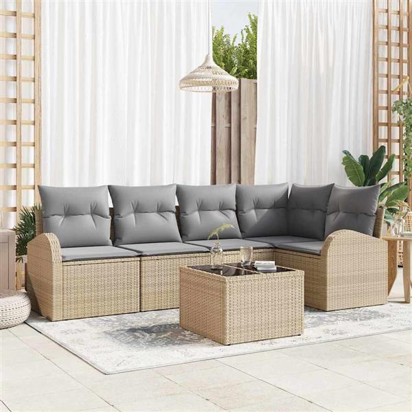 Grote foto vidaxl tuin sofa set met kussen 6 pcs beige lichtgrijs poly riet tuin en terras tuinmeubelen