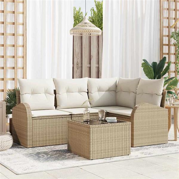 Grote foto vidaxl tuin sofa set met kussen 5 pcs beige wit poly riet tuin en terras tuinmeubelen