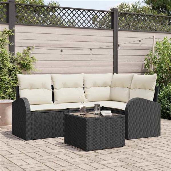 Grote foto vidaxl tuin sofa set met kussen 5 pcs zwart wit poly riet tuin en terras tuinmeubelen
