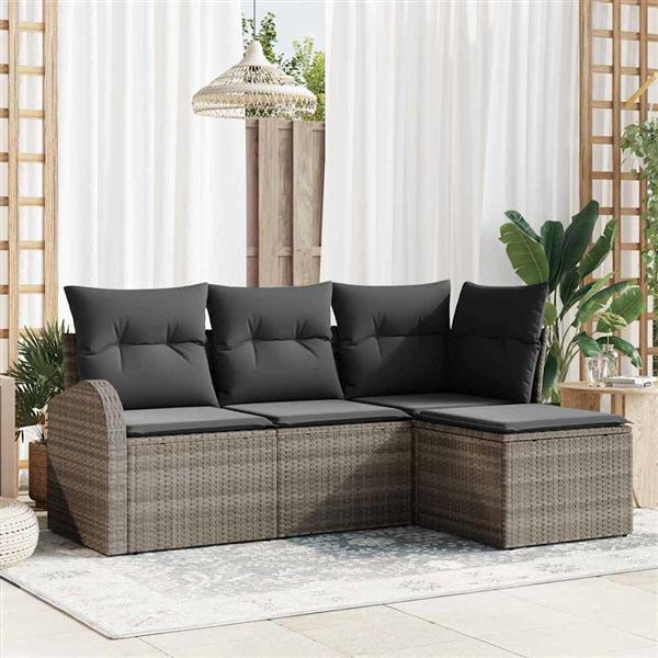 Grote foto vidaxl tuin sofa set met kussen 4 pcs grijs poly riet tuin en terras tuinmeubelen