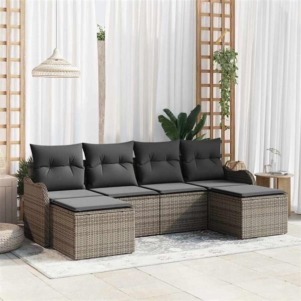 Grote foto vidaxl tuin sofa set met kussen 6 pcs grijs poly riet tuin en terras tuinmeubelen