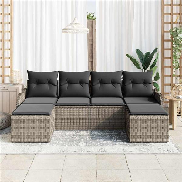 Grote foto vidaxl tuin sofa set met kussen 6 pcs grijs poly riet tuin en terras tuinmeubelen