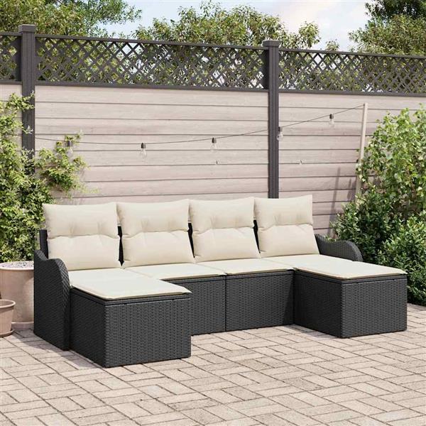 Grote foto vidaxl tuin sofa set met kussen 6 pcs zwart wit poly riet tuin en terras tuinmeubelen