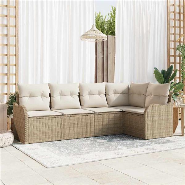 Grote foto vidaxl tuin sofa set met kussen met opslag 5 pcs beige poly riet tuin en terras tuinmeubelen