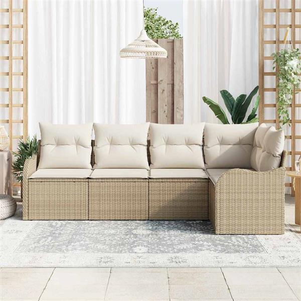 Grote foto vidaxl tuin sofa set met kussen met opslag 5 pcs beige poly riet tuin en terras tuinmeubelen