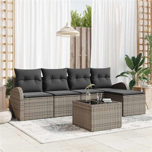 Grote foto vidaxl tuin sofa set met kussen 6 pcs grijs poly riet tuin en terras tuinmeubelen