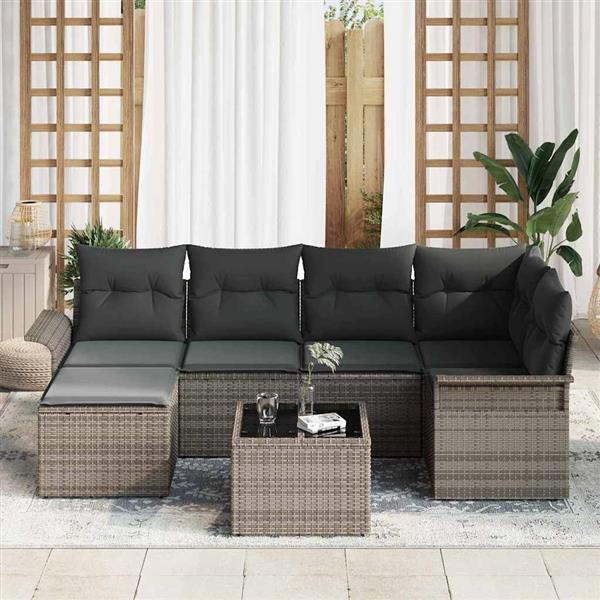 Grote foto vidaxl tuin sofa set met kussen met opslag 7 pcs grijs poly riet tuin en terras tuinmeubelen