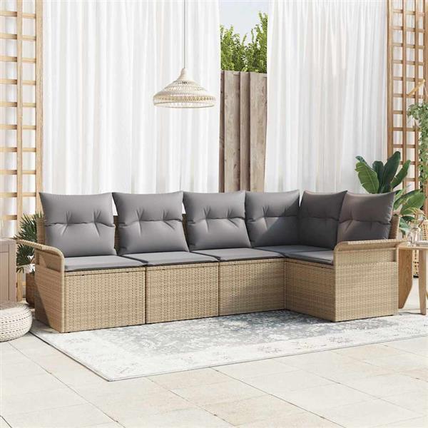 Grote foto vidaxl tuin sofa set met kussen met opslag 5 pcs beige poly riet tuin en terras tuinmeubelen
