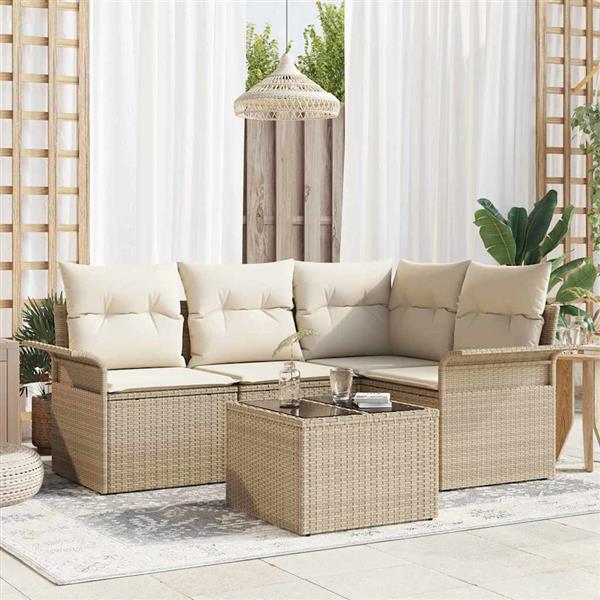 Grote foto vidaxl tuin sofa set met kussen met opslag 5 pcs beige poly riet tuin en terras tuinmeubelen