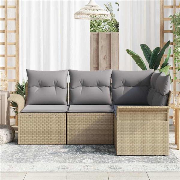 Grote foto vidaxl tuin sofa set met kussen met opslag 4 pcs beige poly riet tuin en terras tuinmeubelen
