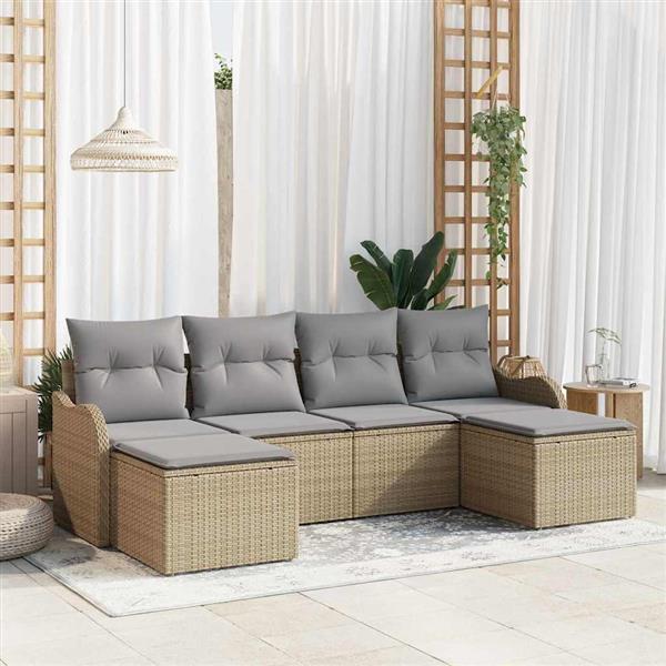 Grote foto vidaxl tuin sofa set met kussen 6 pcs beige lichtgrijs poly riet tuin en terras tuinmeubelen