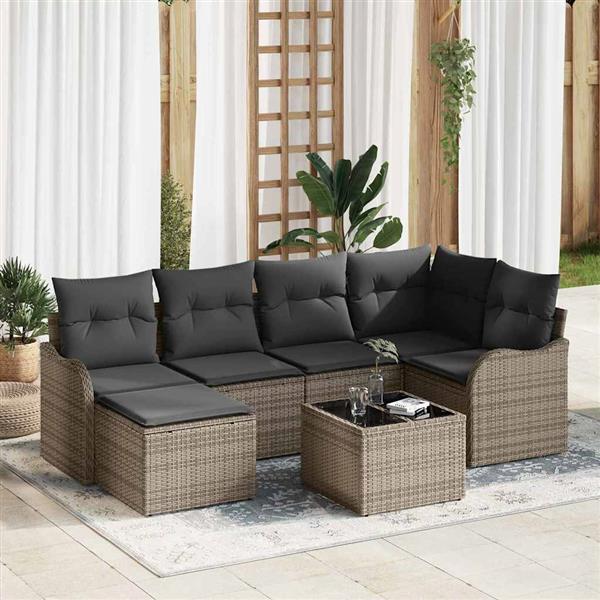 Grote foto vidaxl tuin sofa set met kussen 7 pcs grijs poly riet tuin en terras tuinmeubelen
