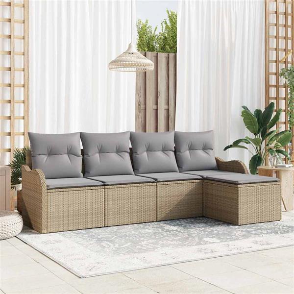 Grote foto vidaxl tuin sofa set met kussen met opslag 5 pcs beige poly riet tuin en terras tuinmeubelen