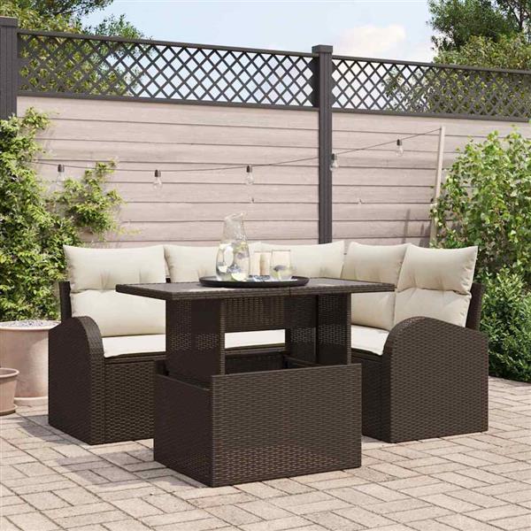 Grote foto vidaxl tuin sofa set met kussen 5 pcs bruin poly riet tuin en terras tuinmeubelen